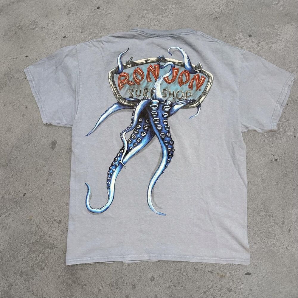 Y2K Ron Jon Surf Shop Cotton T-Shirt with Blue Octopus Graphic Mens Size Medium